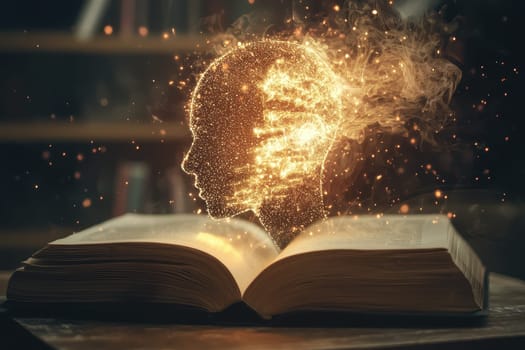 An enchanting visual representation of knowledge transforming into thought, featuring an open book with a glowing silhouette emerging from its pages, symbolizing imagination and creativity.