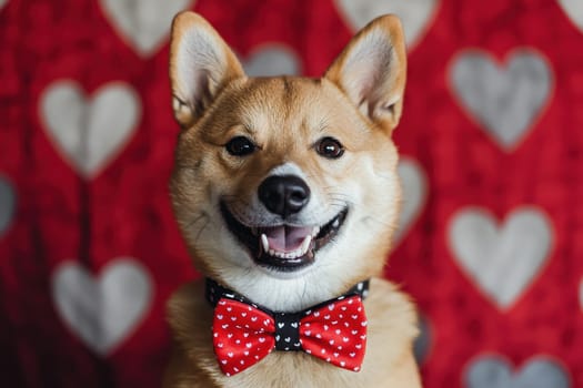 A delightful Shiba Inu dog wearing a red bow tie smiles against a heart-themed background, perfect for capturing love and joy during special moments and celebrations.