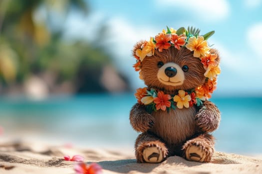 A charming teddy bear adorned with a vibrant floral crown sits on a sunny beach, perfectly capturing the essence of summer joy and innocence.