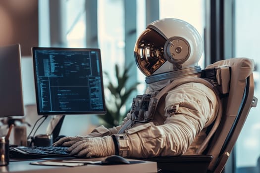 An astronaut is seated at a modern office desk, actively engaged with a computer, portraying innovation and technology in space exploration.
