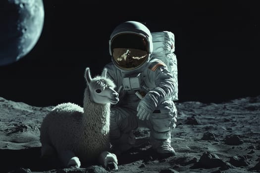 An astronaut kneels beside a fluffy llama on the moon's surface, creating a whimsical and surreal scene under a cosmic sky.