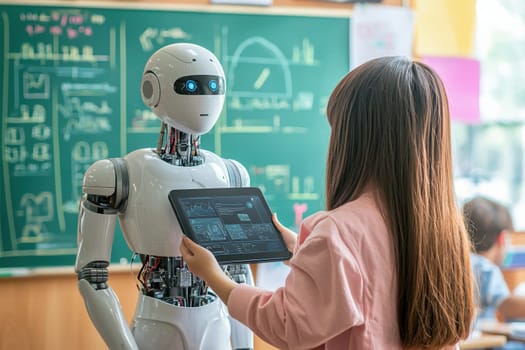 In a vibrant classroom, a young girl engages with a humanoid robot, showcasing the fusion of technology and learning.