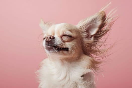 A charming close-up of a joyful Chihuahua with fluffy hair, basking in the moment against a soft pink background, showcasing a delightful expression of happiness and tranquility.