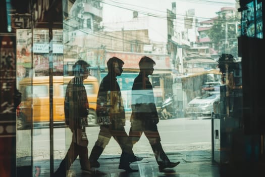 A captivating urban scene showcasing silhouetted figures walking along a busy street, beautifully reflected in glass windows. The dynamic setting portrays city life in vibrant daylight.