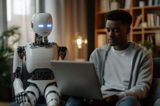 A person engages with a humanoid robot in a stylish living room, reflecting advancements in technology and innovation, showcasing a blend of comfort and digital interaction.