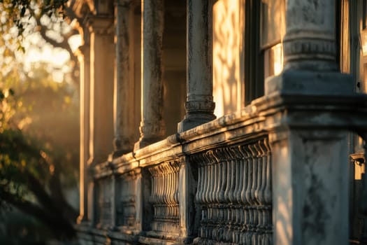 This image captures a close-up view of a beautifully detailed porch railing bathed in warm sunlight, showcasing its intricate textures and historical charm.