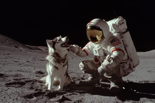 An astronaut kneels beside a friendly dog on the lunar surface, highlighting the bond between humans and animals in an imaginative space setting.