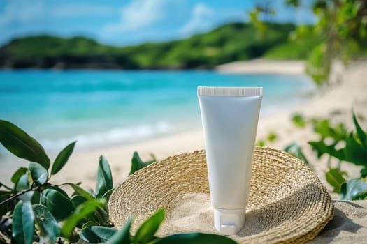 A serene image showcasing a skin care cream tube resting on a straw hat in soft beach sand, with a picturesque ocean view and lush greenery in the background, evoking feelings of relaxation and natural beauty.