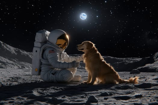 An astronaut crouches to pet a friendly dog on a lunar landscape, with the Earth glowing in the night sky, showcasing an extraordinary moment of companionship in space.