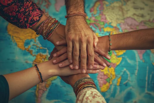 A powerful image showcasing diverse hands united together, symbolizing unity and cooperation against a vibrant world map, representing global connection.