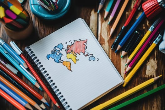 A bright illustration of a world map sits on a notebook, surrounded by a variety of colorful art supplies, perfect for educational or creative projects.