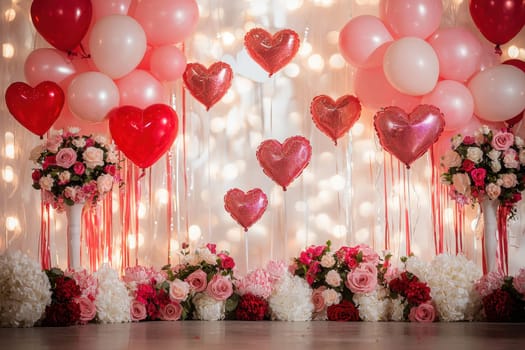 A stunning romantic backdrop featuring heart-shaped balloons and elegant roses, perfect for celebrating love, anniversaries, or Valentine's Day events.