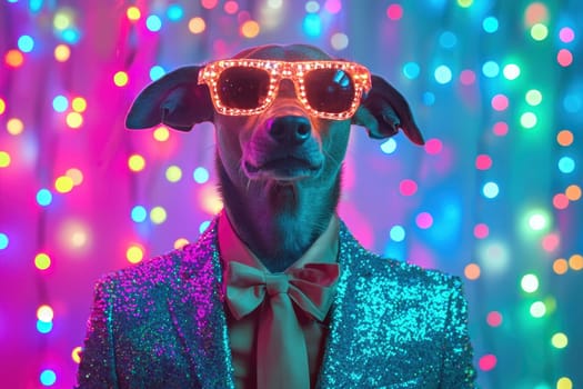 This charming dog adorned in stylish sunglasses and a sparkling suit stands against a vibrant backdrop, perfectly capturing a festive and joyful atmosphere.