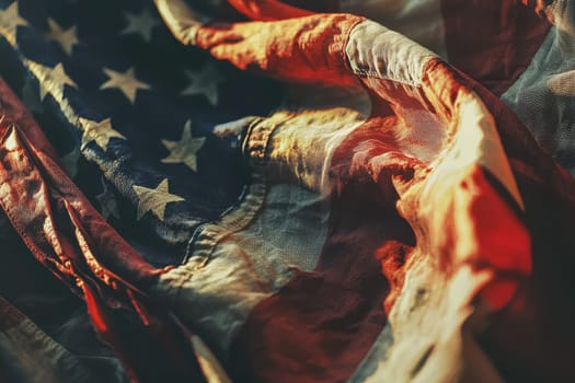 A detailed close-up shot of a waving American flag showcasing vibrant colors and intricate textures. The fabric displays the iconic stars and stripes.