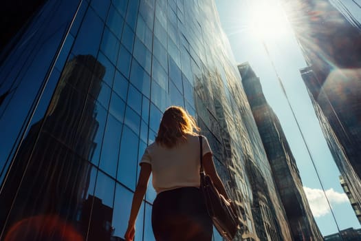 A woman strolls confidently towards towering glass buildings illuminated by bright sunlight. The reflection creates a captivating urban scene.