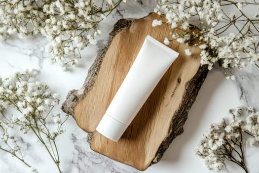 A serene composition featuring a white cosmetic tube placed on a rustic wood surface, surrounded by delicate flowers. Ideal for beauty and wellness themes.