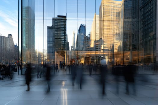 A dynamic urban cityscape featuring blurred figures of people walking, complemented by reflective glass buildings at sunset.
