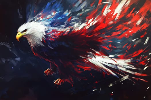 An eagle soars through a dramatic backdrop of vibrant colors and bold brushstrokes, capturing the essence of power and freedom in art.