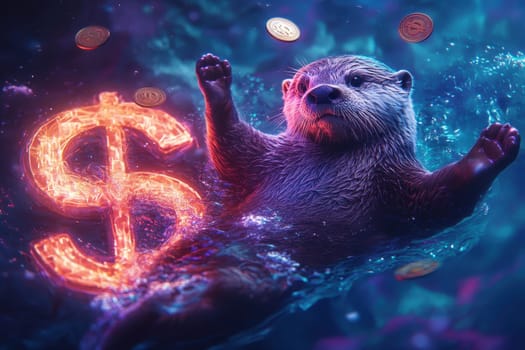 A charming otter swims joyfully in vibrant water, surrounded by glowing coins and a bright dollar sign, creating a whimsical, enchanting scene.