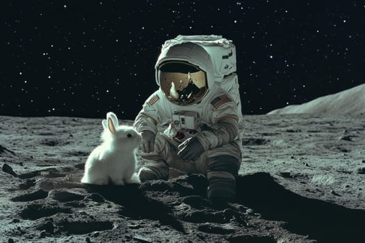 A whimsical scene showcasing an astronaut connecting with a white rabbit on the moon, set against a backdrop of twinkling stars.