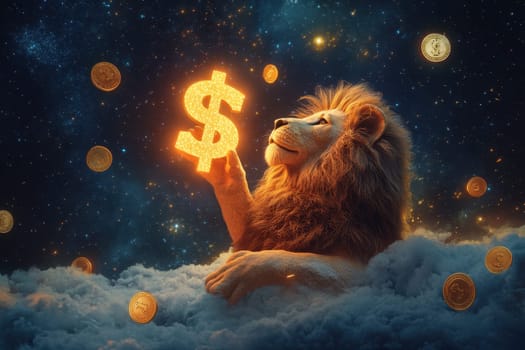 A captivating scene of a majestic lion holding a glowing dollar sign, surrounded by shimmering coins and dreamy clouds under a starry night sky.