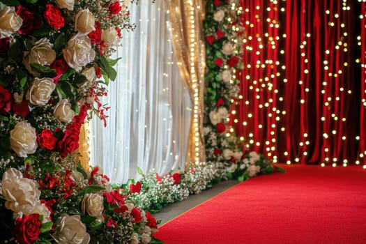 Beautiful wedding backdrop features lush floral arrangements, a vibrant red carpet, and enchanting fairy lights perfect for capturing special moments.