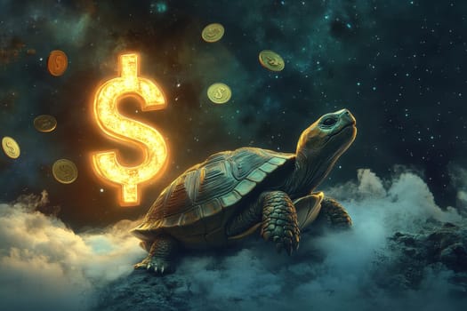 A whimsical illustration featuring a turtle among glowing coins and a large dollar sign, symbolizing wealth and prosperity in a surreal environment.