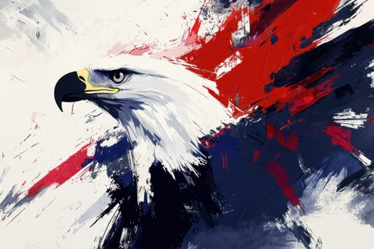 This striking artwork features a bald eagle's head in an abstract style, showcasing bold colors and dynamic brush strokes that evoke strength and beauty.