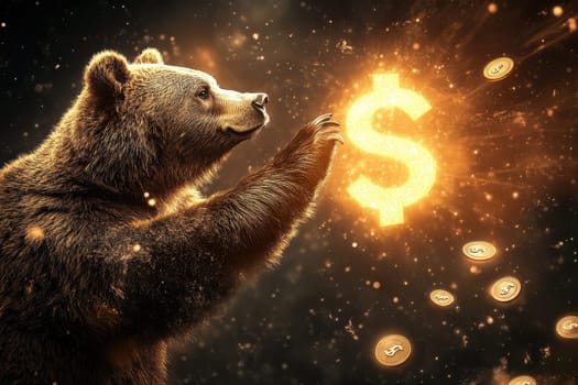 A majestic bear gracefully holds a glowing dollar symbol, surrounded by sparkling coins, symbolizing wealth and prosperity in finance.