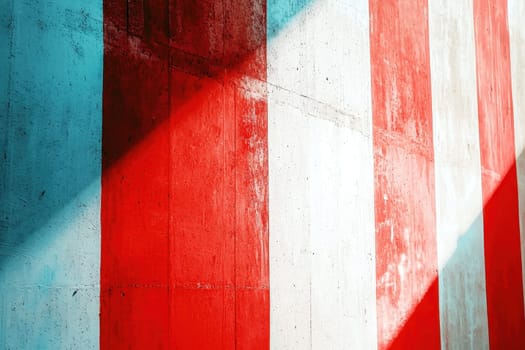 A striking image of colorful vertical stripes on a concrete wall, featuring bold red and blue hues with dynamic shadows and light effects.