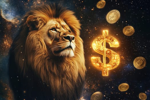 A striking portrait of a lion with a majestic mane, surrounded by golden coins and a dollar symbol in a cosmic backdrop, symbolizing wealth and power.