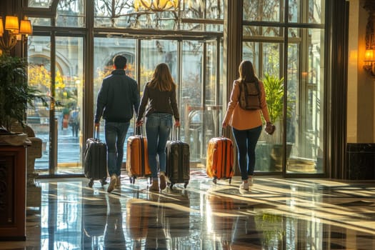 Three travelers walk together with colorful luggage through a beautifully designed hotel lobby, enjoying the warm sunlight and reflecting on their journey ahead.