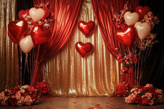 This stunning decor features heart-shaped balloons and vibrant floral arrangements, perfect for a romantic Valentine's Day celebration or event.