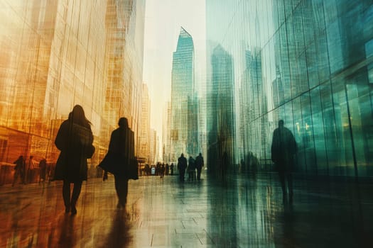 A captivating urban scene showcasing silhouettes of people walking through a modern metropolis during golden hour. The reflective buildings create a stunning visual ambiance.