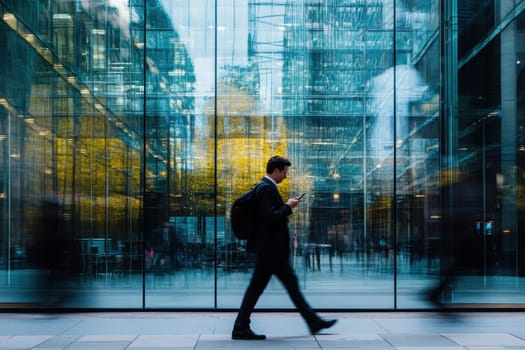 A businessman walks briskly while texting on his smartphone, surrounded by a modern glass building, showcasing an urban lifestyle through a dynamic motion blur effect.