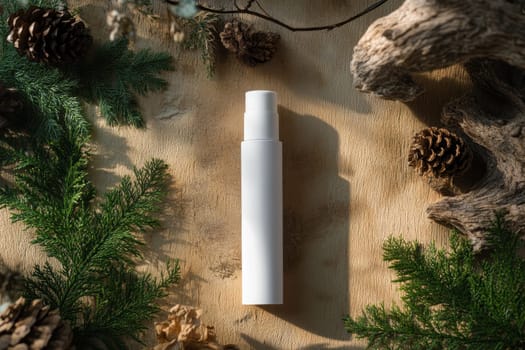 A minimalist white spray bottle rests on a rustic background, surrounded by natural elements like pine cones and greenery. Perfect for product photography.
