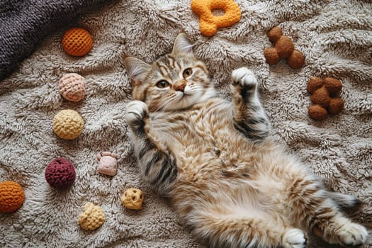 A charming cat lies comfortably on a fluffy blanket, surrounded by various colorful toys, embodying relaxation and playfulness in a cozy setting.