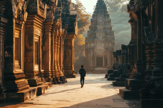 A solitary figure walks through an ancient temple complex bathed in soft morning light, showcasing the intricate stone architecture and vibrant atmosphere of Cambodia historical heritage.