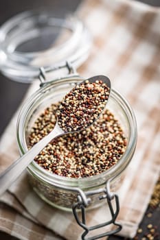 Mixed uncooked quinoa seeds on spoon on a checkered napkin