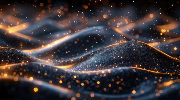 Bright particles dance above dark, undulating waves, creating an enchanting display of movement and light. The combination of colors adds depth and intrigue to the composition.