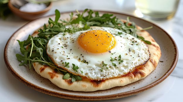 A warm flatbread topped with a perfectly cooked fried egg sits on a plate. Fresh arugula lies underneath, garnished with herbs and seasoning, creating a delightful meal setting.
