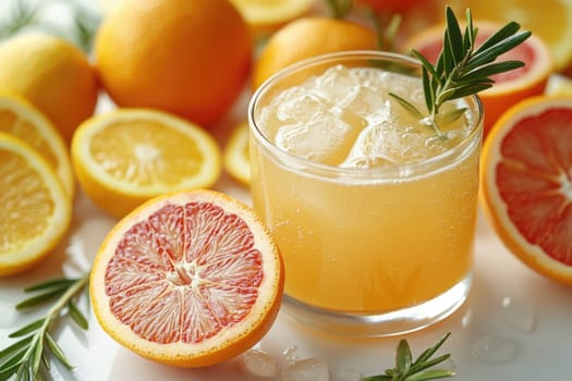 A vibrant glass of citrus drink sits amid fresh oranges and lemons. The drink is chilled with ice, and a sprig of rosemary adds a touch of sophistication. Perfect for entertaining guests.