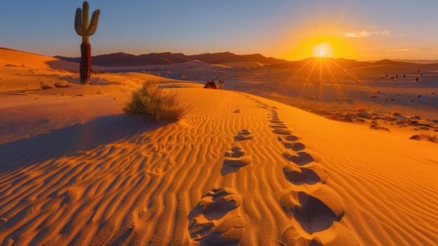 Footprints mark the golden sands of a desert while the sun sets on the horizon, casting warm colors across the landscape. A lone cactus stands in the foreground.
