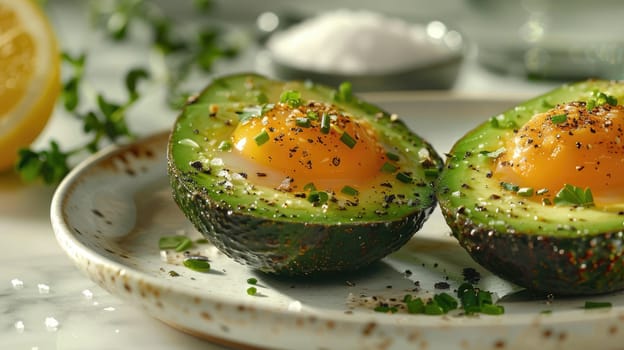 Fresh avocados are baked to perfection, filled with sunny-side-up eggs, garnished with herbs and spices, and served on a rustic plate. A lemon wedge adds vibrancy to the dish.