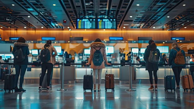 A group of travelers stands in line at airport check-in counters, preparing for their evening flights. The softly lit terminal creates a bustling atmosphere with neon displays.