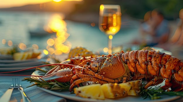 A beautifully arranged lobster dish takes center stage on a table at sunset. The warm light reflects off the water while guests enjoy a serene evening by the shore with wine.