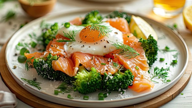 A plate showcases an elegant arrangement of smoked salmon, topped with a perfectly poached egg, surrounded by vibrant green broccoli and garnished with fresh herbs.