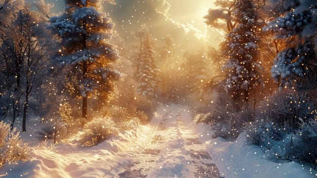 A tranquil winter scene reveals a snow-covered path winding through trees adorned with frosty branches, illuminated by a warm sunset glow, creating a magical atmosphere.