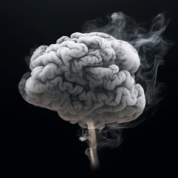 Gray smoke in the form of a human brain, on a dark background.