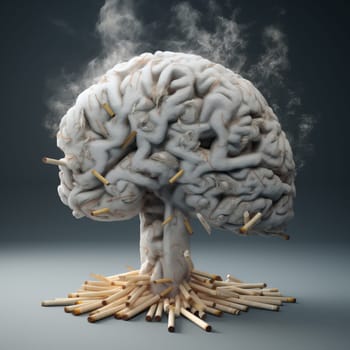 Creative image of a smoker's smoking gray brain with cigarettes, on a gray background.
